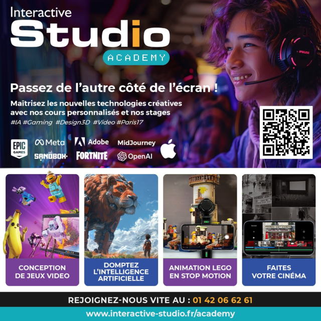 ✨ Stages & cours en présentiel pour ados à Paris 17 – L’Interactive Studio Academy ✨

📍 Où ?
Nos ateliers se déroulent dans nos locaux situés 5 rue de l’Arc de Triomphe, 75017 Paris. Un espace équipé et pensé pour créer : ordinateurs récents, tablettes, matériel vidéo, casques de VR/AR, espace créatif.

📅 Quand ?
Pendant les vacances scolaires (Toussaint, Noël, février, printemps, été) + des sessions possibles les mercredis après-midi.
Durée des stages : généralement 1 à 3 jours (matin + après-midi).

🎯 Pour qui ?
Adolescents de 11 à 17 ans (niveau débutant à intermédiaire). Groupes de petite taille (5 à 8 élèves) pour un suivi personnalisé.

💼 Au programme (exemples de modules possibles)
	•	Initier à l’IA & outils créatifs : découvrir ChatGPT, MidJourney, générateurs d’images, prompt engineering
	•	Création & prototypage de jeu vidéo : Unity, Unreal Engine, création d’univers 2D/3D, game design
	•	Graphisme & design digital : Illustrator, Photoshop, dessin vectoriel, logos, identité visuelle
	•	Création vidéo & motion design : tournage, montage, effets spéciaux, transitions, animation
	•	Réalité augmentée / filtres interactifs : concevoir des filtres pour Instagram/Snap, expériences AR

💸 Tarifs
(Exemples indicatifs, à confirmer selon la session)
	•	Session d’une heure : à partir de 25€

🔗 Inscriptions & infos pratiques
Les places sont limitées, d’où l’importance de réserver tôt.
→ Contactez-nous par DM ou via notre site pour calendrier, fiches techniques détaillées, modalités de paiement
#paris17 #coursinformatique #ia #ado #extrascolaire #gaming #apprendre