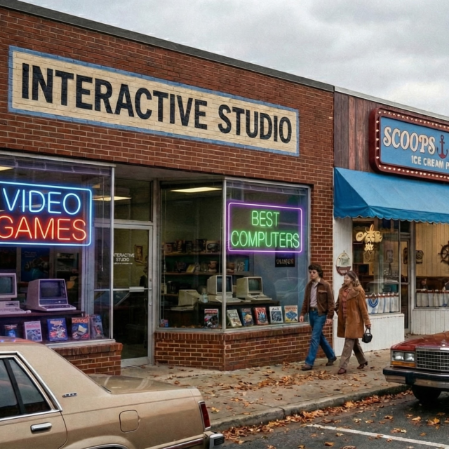 Just a wild thought today imagine if Interactive Studio  had a storefront in Hawkins, 1983… and i will take my son there to show him my favorite videogames…
Neon lights buzzing, VHS tapes stacked to the ceiling, arcades humming in the back, and with Stranger Things happening behind a locked door in the basement. What would that world look like? #strangerthings #vintage #timetravel #arcade